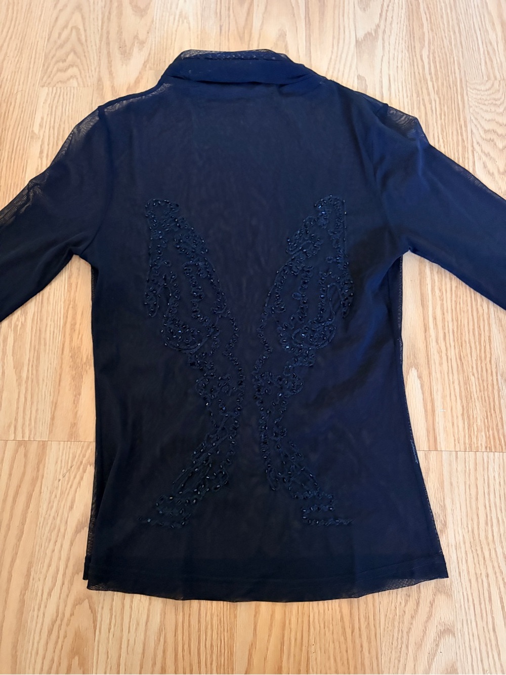 Unique Black Mesh Butterfly Embroidered and Beaded Sheer Top
